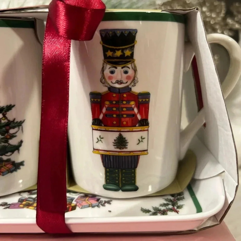 Spode Christmas Tree Mug Set with Tray – Holiday Collectible Nutcracker See Vide - Picture 8 of 9
